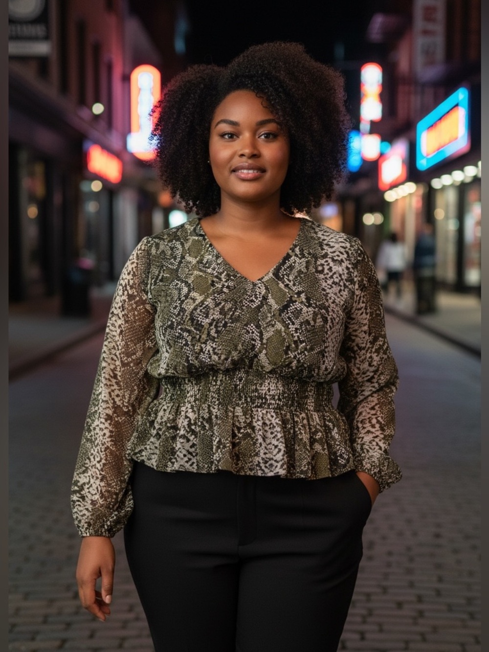 H&M Olive Green and Cream Snake-Print V-Neck Peplum Blouse